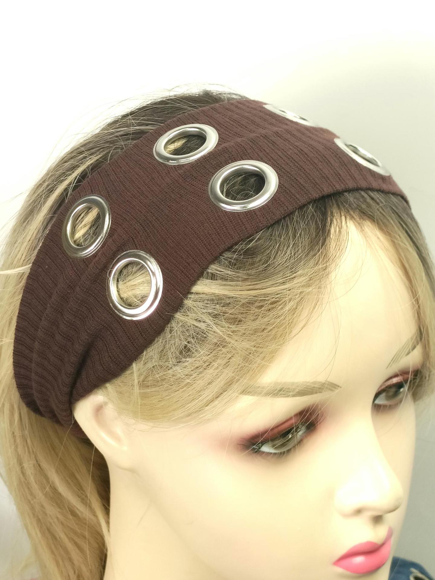 HW241201-20x8cm针织布+8气眼朋克风钉釦头带-