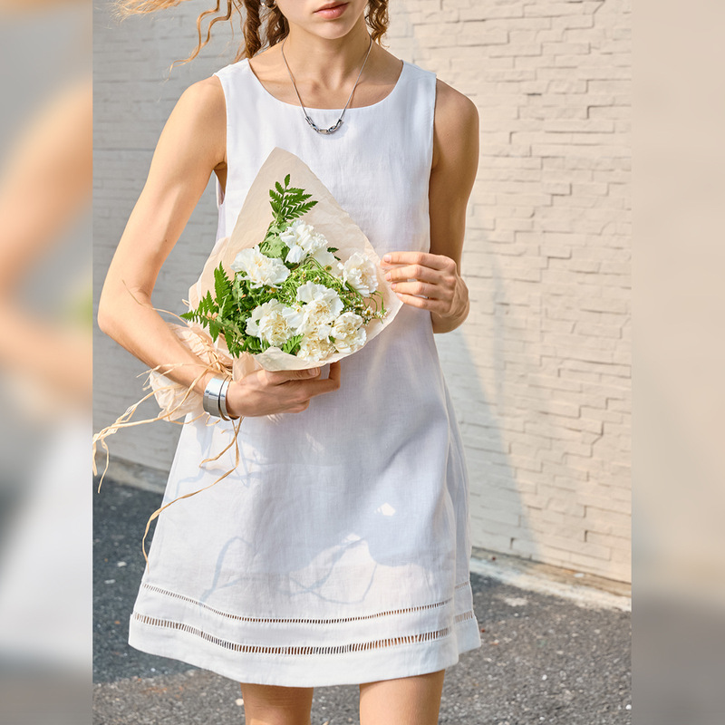 High-End Linen A-Line Skirt Sleeveless Lace Patchwork Dress Women's Summer Workwear Straight Short Skirt Linen Tank Top Dress