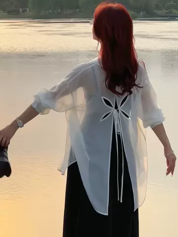 French long sleeved silk shirt, women's summer thin shirt, jacket, back hollowed out design, unique sun protection top - ShopShipShake