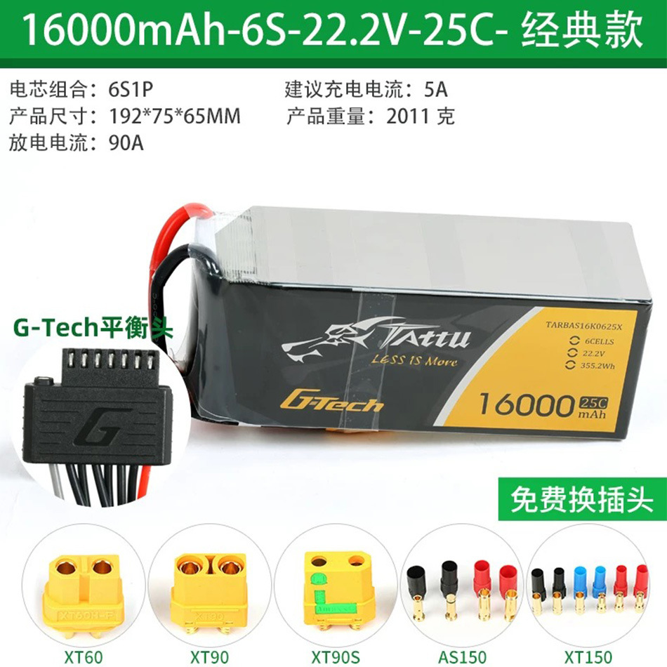 TATTU-16000mAh-25C-22.2V-6S1P-XT90S-F植保无人机用锂电池格式