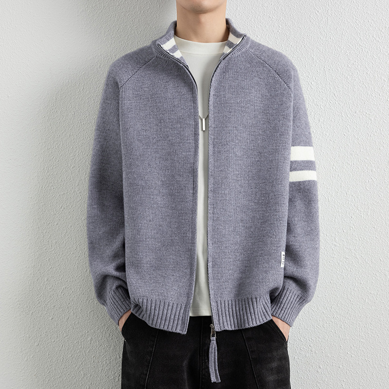 Anyang Men's Knitted Stand-Up Collar Sweater Cardigan 2025 Autumn and Winter New Fashion Versatile Contrast Stripesd Casual Jacket