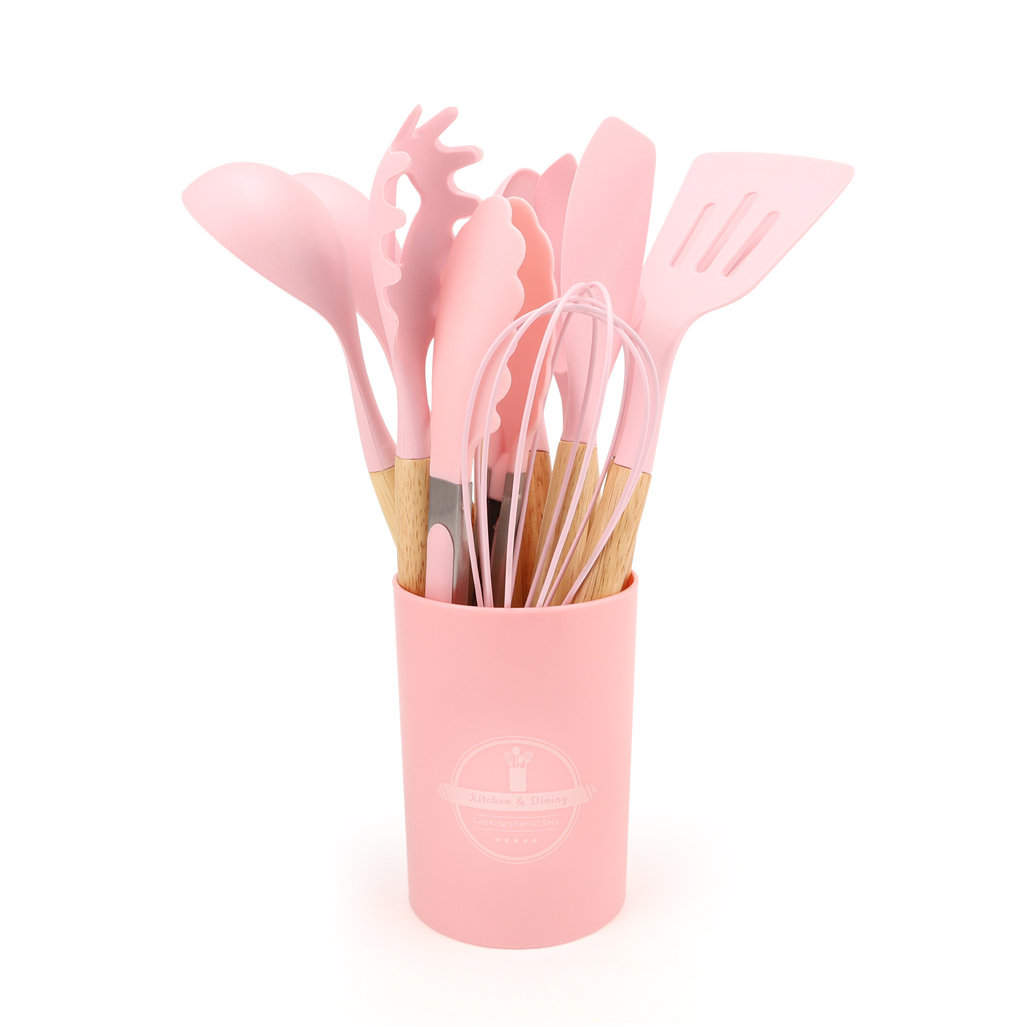 En stock cocina sartén antiadherente barril de almacenamiento mango de madera utensilios de cocina de silicona mango de madera ligera 12 piezas sartén antiadherente pala cuchara traje