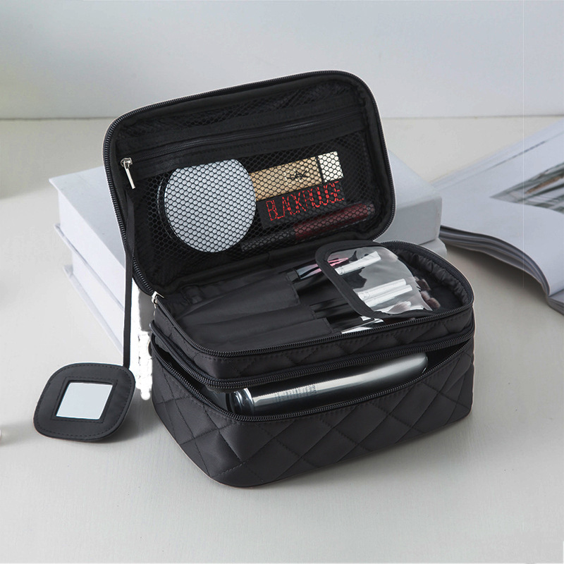 Double-layer handheld capacious cosmetic bag with diamond pattern