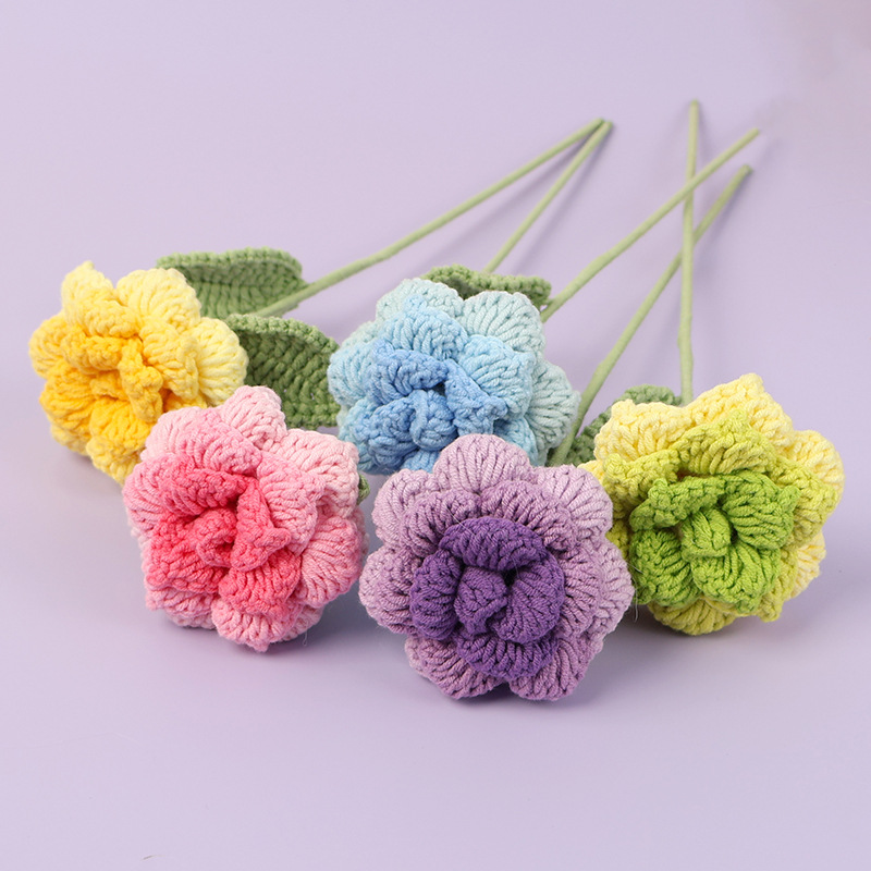 成品手工钩织雪菲尔尖角渐变玫瑰花束仿真花毛线花市集摆摊伴手礼