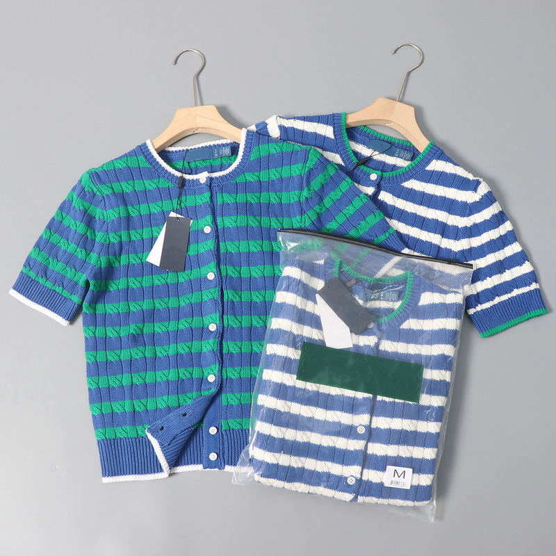 American 2025 thick needle cotton thread contrast twist round neck short sleeve knitted cardigan