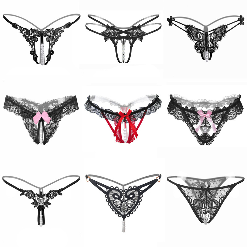 European and American Cross-Border New Sexy Underwear Sexy Hollow See-Through Lace Thong Open-Crotch No-Take-Off Women's Pearl Underwear