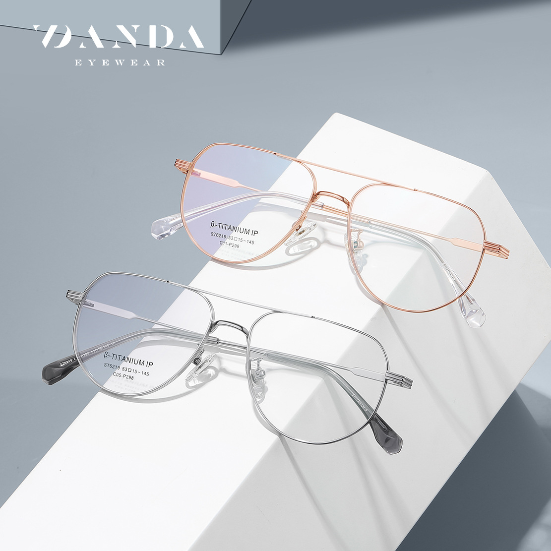 Fábrica al por mayor de titanio puro miopía gafas Marco de doble haz piloto gafas lisas marco ST6219 puede ser equipado con grados gafas de luz azul