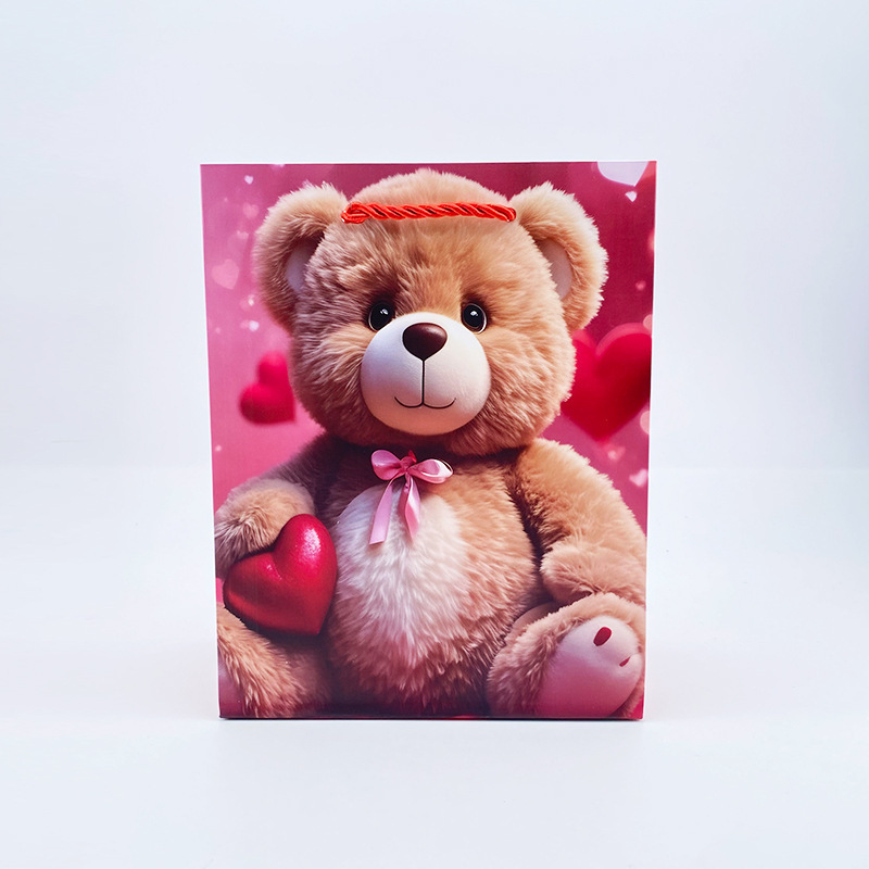 七夕情人节白卡礼品袋烫红金系列包装纸袋毛绒爱心熊猫礼品手提袋