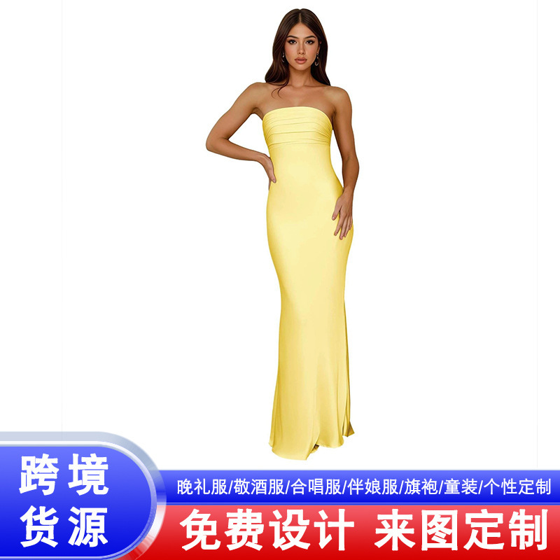 European and American style strapless sexy slim-fit evening dress for women, long 2026 model with slit, suitable for banquets, parties, and cocktail events European and American style strapless sexy slim-fit evening dress for women, long 2026 model with slit, suitable for banquets, parties, and cocktail events