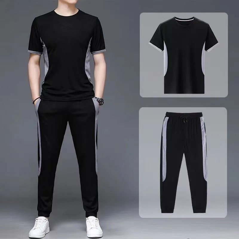 Men's Summer Sports Suit Trendy Men's Casual Ice Silk Clothing Short-sleeved T-shirt Long Pants Men's Suit