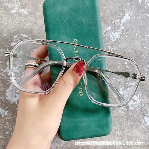 2024 New Double Bridge Glasses Retro Square Frame Nearsighted Glasses, Influencer Style Blue Light Blocking Fashion Trend Flat Lens