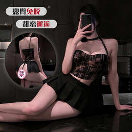 纯欲风露肩无袖上衣学院风分体制服套装性感情趣内衣制服套装9223