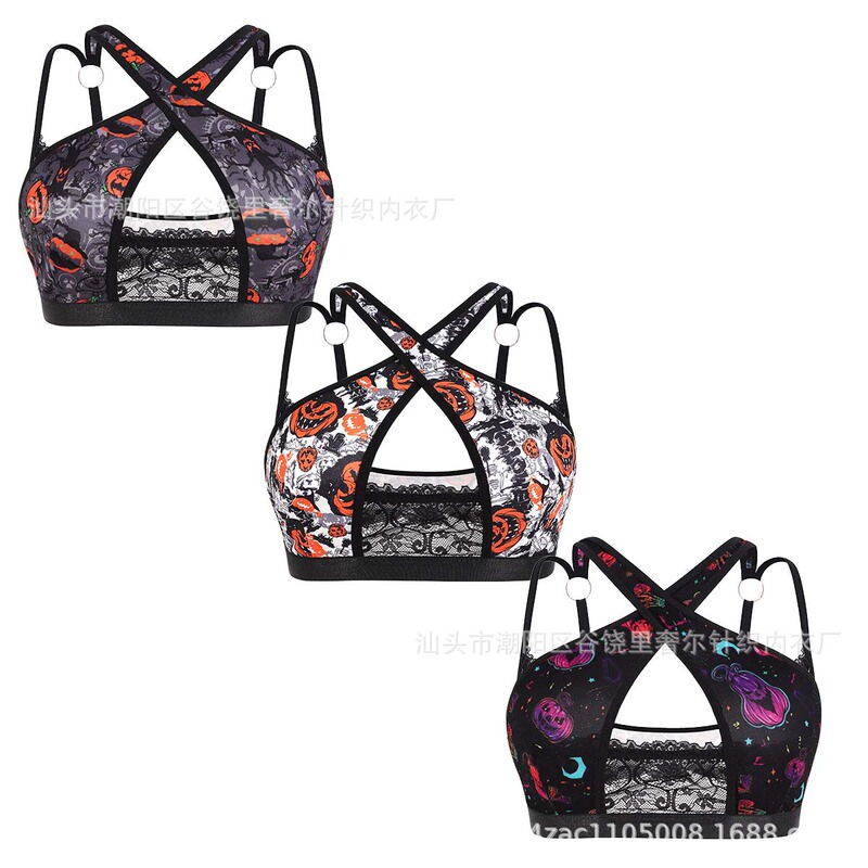Cross-Border Halloween New Bra Foreign Trade Amazon Cross Strap Lace Sexy Push-Up Bra for Women