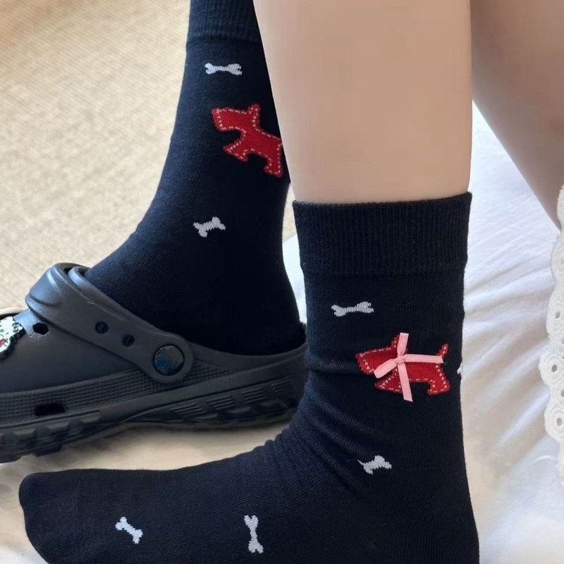 袜子女秋日限定重磅条纹可爱百搭卡通小狗袜氛围感穿搭情侣中筒袜|undefined