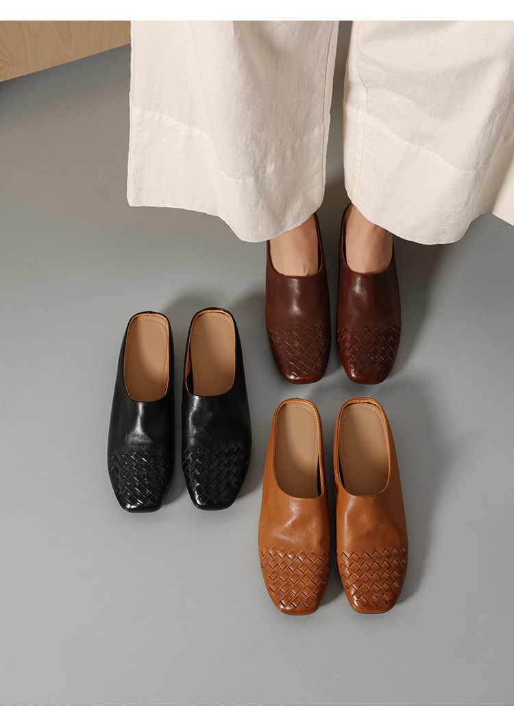 Dép mule nữ da bò mũi nhọn đế bệt kiểu dệt vintage — đen chi tiết 1