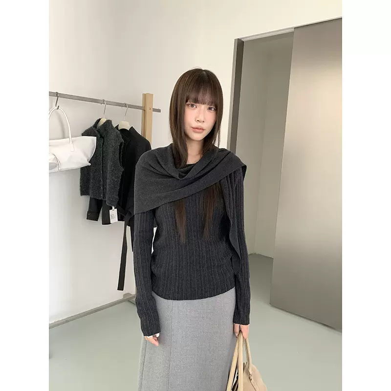 MMC羊毛针织衫女秋季新款高级感修身显瘦长袖打底衫披肩两件套装
