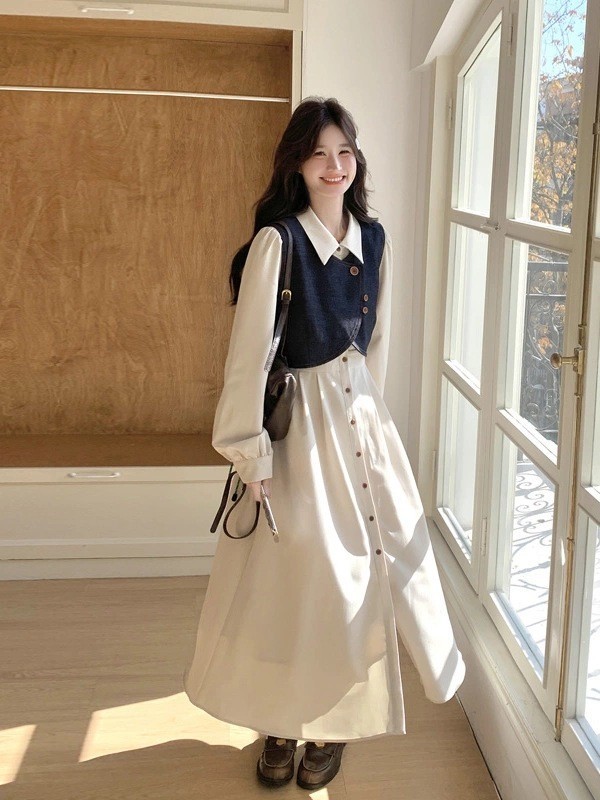 法式气质穿搭牛仔马甲连衣裙套装女2025秋季新款衬衫裙超火两件套|undefined