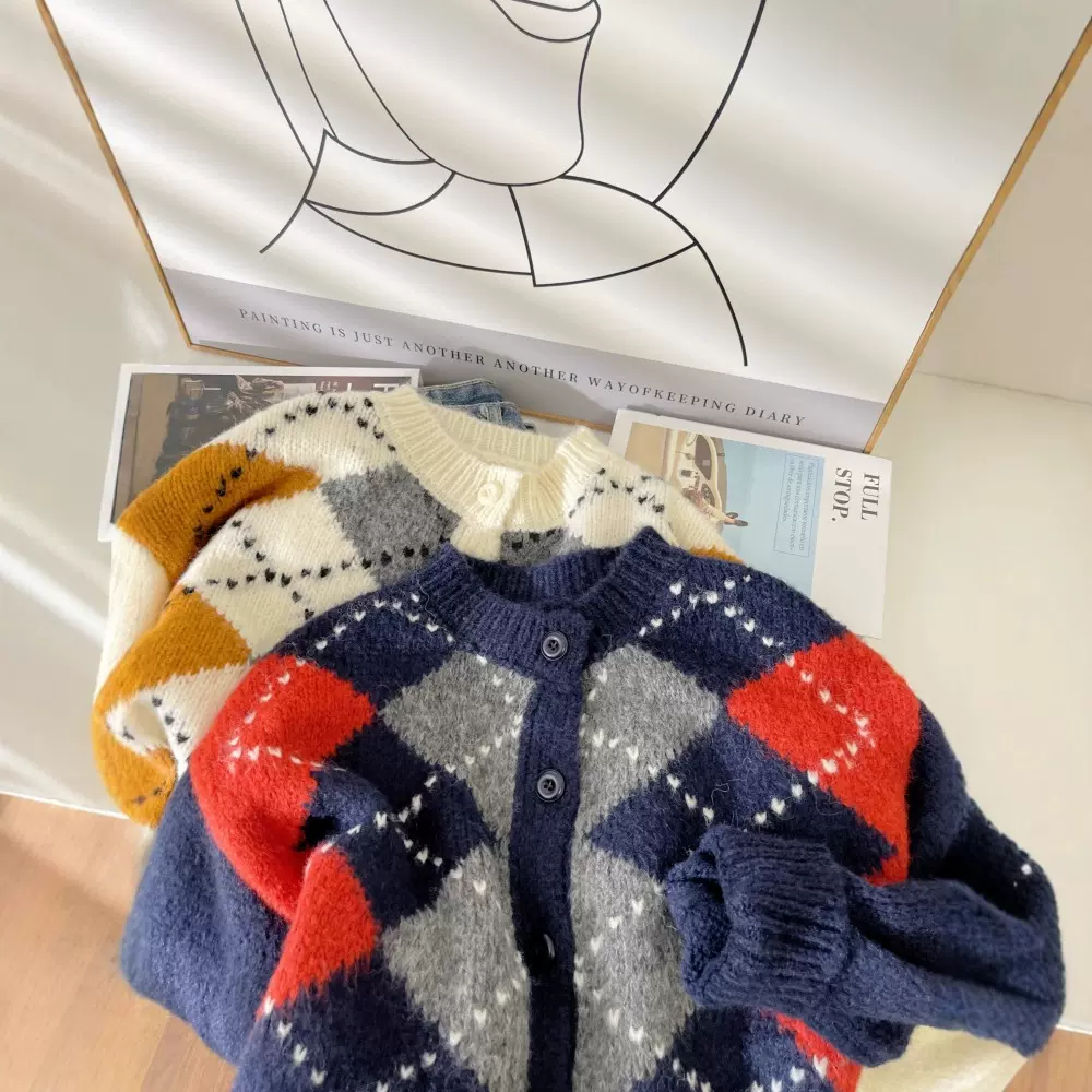 高级感菱形格毛衣秋季针织开衫外套韩国东大门宽松小个子上衣6206