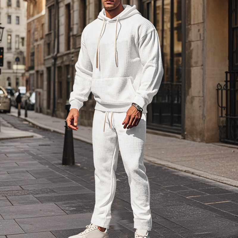 Men's Clothing heavy jacquard small square long sleeved trousers hooded suit _voghion.com