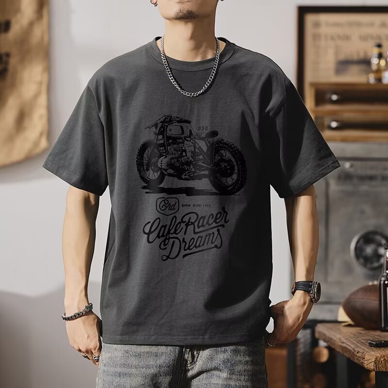 Casual Summer Men's Short-Sleeved Tops New Round Neck T-Shirt Half-Sleeved American Motorcycle Printed T-Shirt Trendy Brand