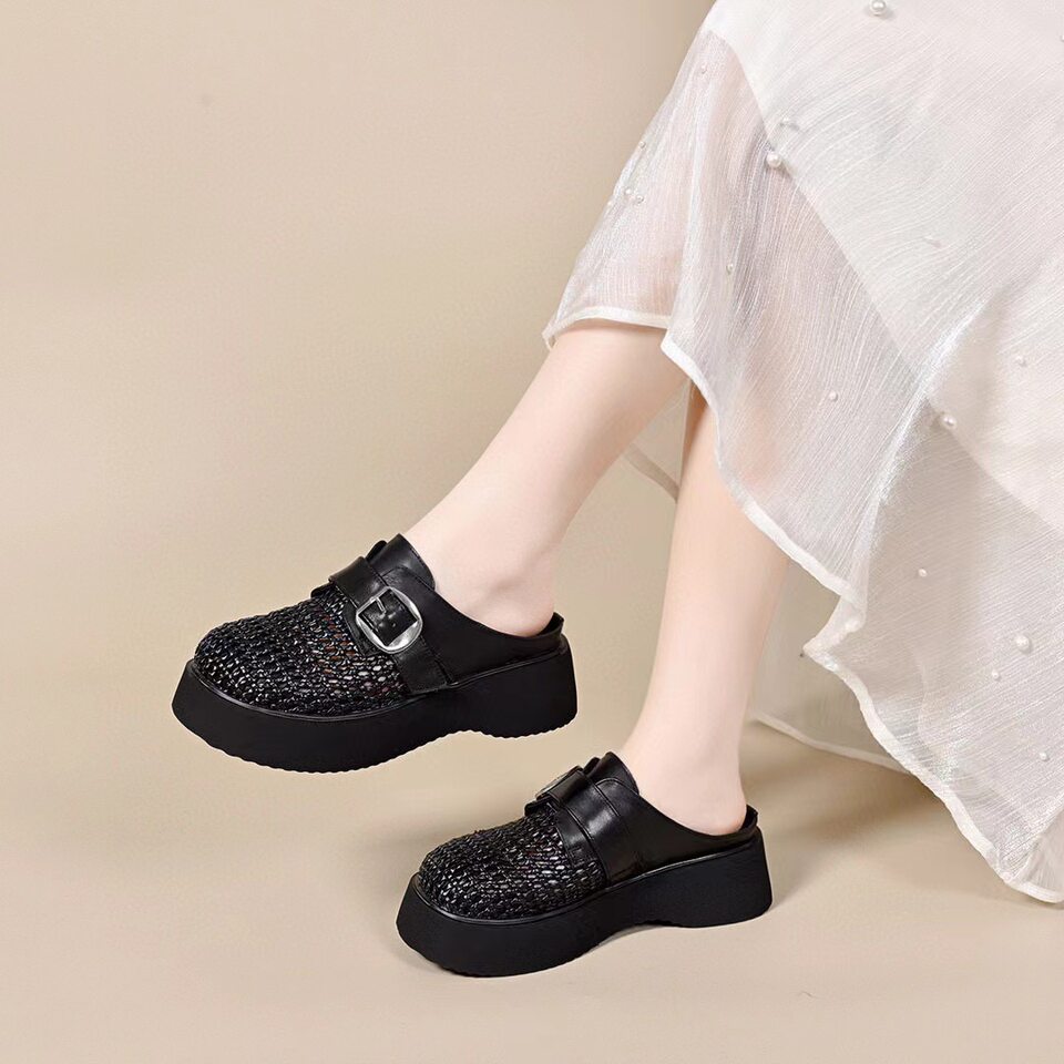 Dép nữ đế dày mũi kín khoét lỗ da thật kiểu Birkenstock — đen chi tiết 3