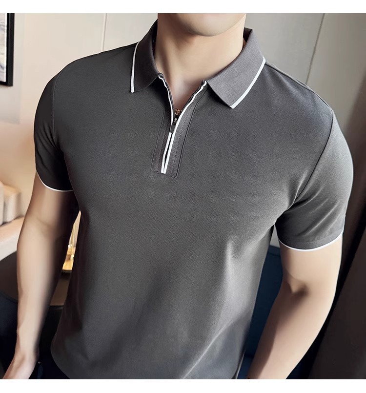 "Men's Slim-Fit Zip Polo Shirt – Breathable Cotton Short Sleeve With Embroidered Detail, Business Casual Summer Top (3 Colors, Sizes M-XXXXL)"_viptrois.com