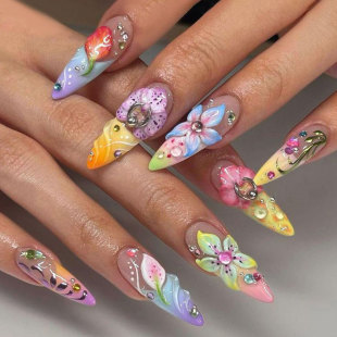 Cross-border 3D embossed color flowers Europe and the United States wear armour almond nail nail nail piece removable fake nail piece wholesale
