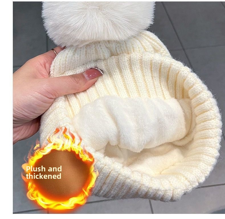 Wintermütze aus Wolle mit Fleecefutter, dicke, warme Strickmütze aus dem Nordosten, für Damen, großer Kopf, Ohrenschutz, Haarballmütze, weiße Ballmütze_voghion.com