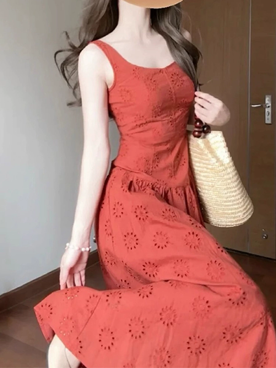 Красное платье-жилет во французском стиле для женщин, летний новый стиль, красивая длинная юбка на подтяжках для отдыха на море