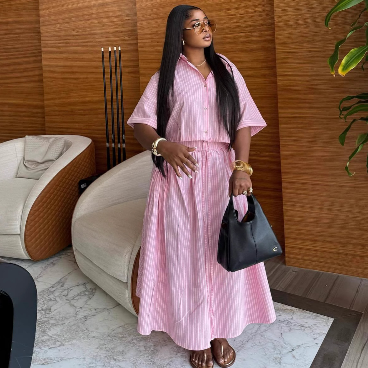 Women's Stripe Lapel Shirt & High-Waist Wrap Skirt Set – Trendy Two-Piece Outfit With Tied Waist Detail (Pink, S-Xxl)_voghion.com