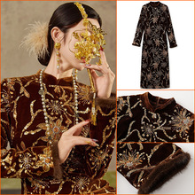 秋冬新款气质旗袍改良连衣裙国风刺绣钉珠水貂毛显瘦长裙女 NX029