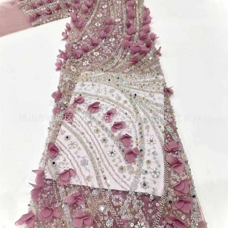 Tejido de bordado de tubo de perlas decalcado a mano diseño ligero lujoso de moda espectáculo de escenario vestido de tela de encaje