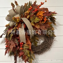 跨境秋季感恩节仿真枫叶花环 丰收节松果浆果装饰壁挂万圣节悬挂