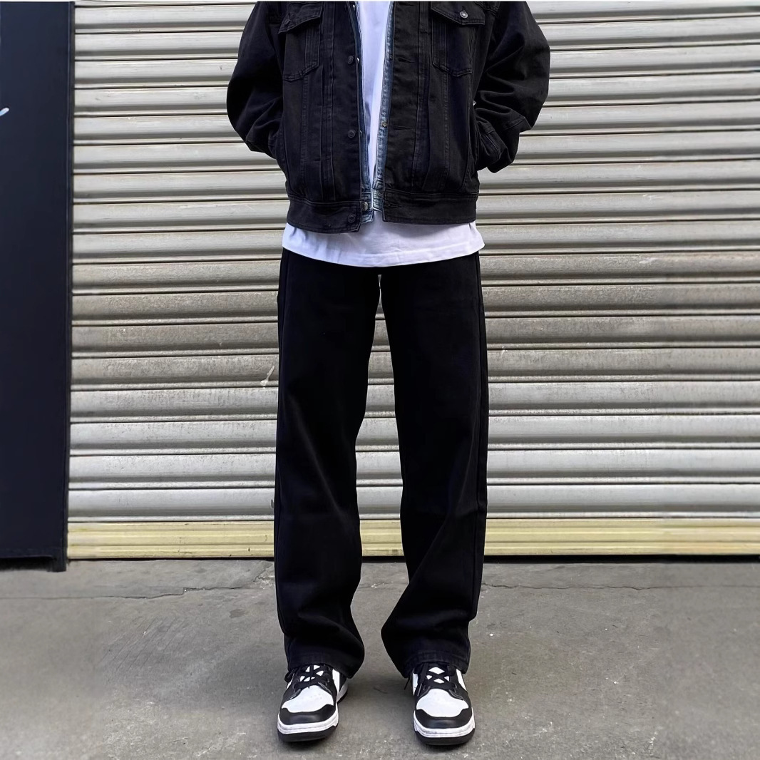 Men's High Street Loose Fit Black Jeans Versatile White Wide Leg Pants Retro Slimming Straight Leg Casual Long Trousers_mkmklike.com