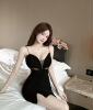 Mesh V-neck hollowed out low cut tight fitting bag with buttocks， split bottom， suspender， short dress