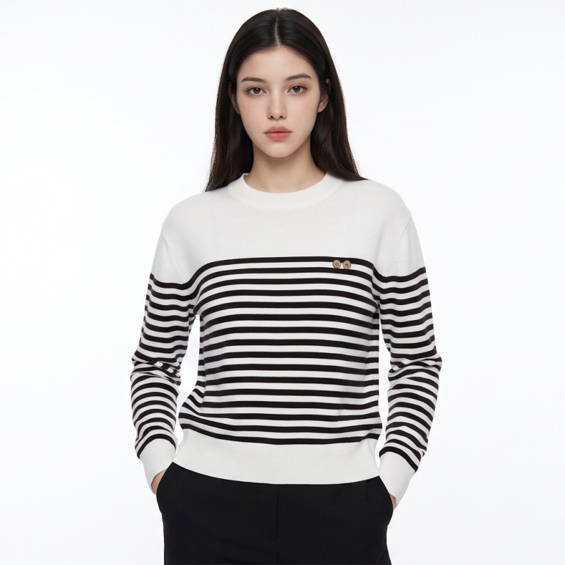 WB Amazon cross-border export women's classic black and white striped knit sweater, round neck, patchwork, long-sleeved pullover sweater WB Amazon cross-border export women's classic black and white striped knit sweater, round neck, patchwork, long-sleeved pullover sweater
