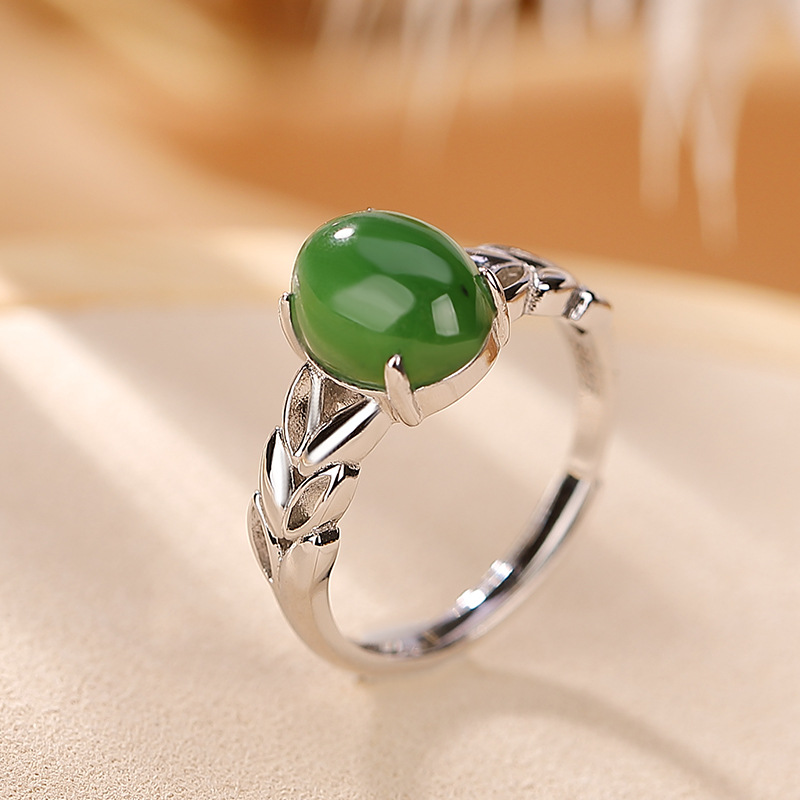 Nhẫn nữ bạc S925 mạ vàng đính ngọc bích jasper phong cách retro họa tiết vườn lúa mì — Kiểu mạ bạch kim