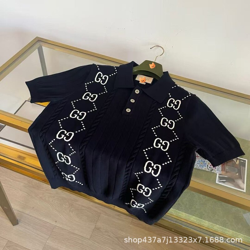 Early Autumn New GU Home Intarsia Lapel Rib piping OS Men's and Women's Short-sleeved Sweater Top POLO South Oil
