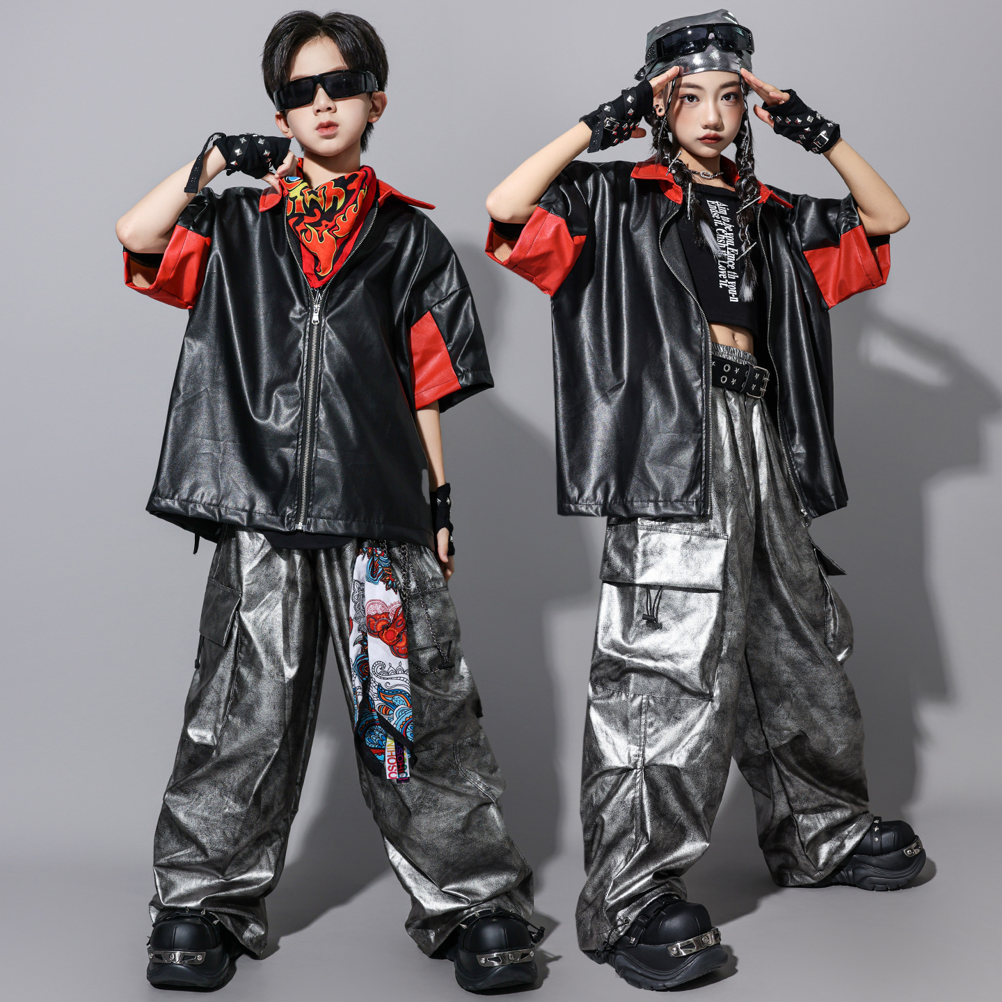 Children's Hip-Hop Performance Clothing, Boys' Hip-Hop Trendy Clothing, Girls' Jazz Dance Clothing, Kidsren's Cool and Handsome Leather Suit