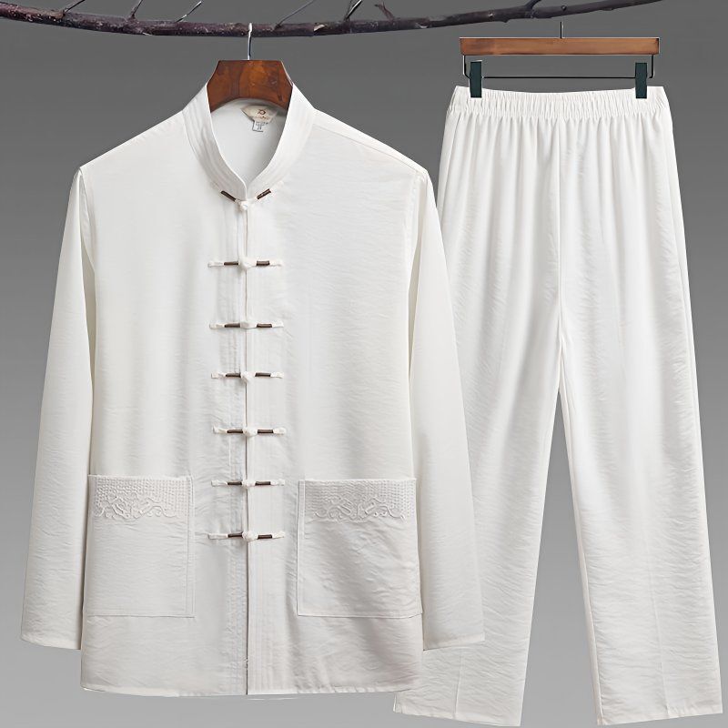 Middle-Aged and Elderly Men's Tang Suit Long-Sleeve Cotton and Linen Set, Spring and Summer Chinese-Style Tai Chi Outfit, Hanfu, Grandpa Clothing Middle-Aged and Elderly Men's Tang Suit Long-Sleeve Cotton and Linen Set, Spring and Summer Chinese-Style Tai Chi Outfit, Hanfu, Grandpa Clothing