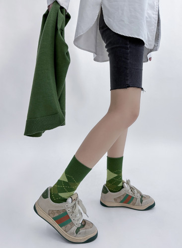 Academic Girl Herringbone Pattern Knee-High Socks for Girls Autumn/Winter Instagram Contrast Color Japanese Retro Regular Han Style Pure Cotton