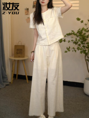 綿麻リネンレディース高級スーツ2025新作夏若者小柄カジュアルワイドレッグパンツ2点セット