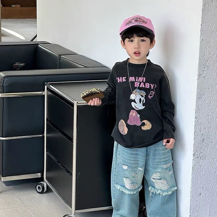 纯棉长袖做旧T恤2025春秋薄款米奇印花中童男童外穿休闲打底衫