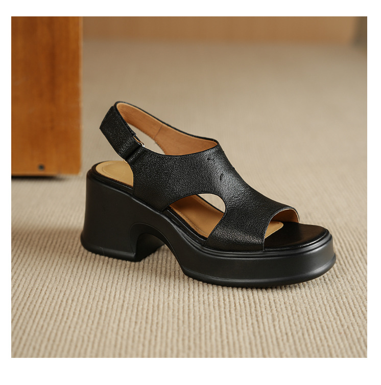 Sandal nữ đế dày gót vuông quai ngang khóa một dây phong cách La Mã — đen chi tiết 11