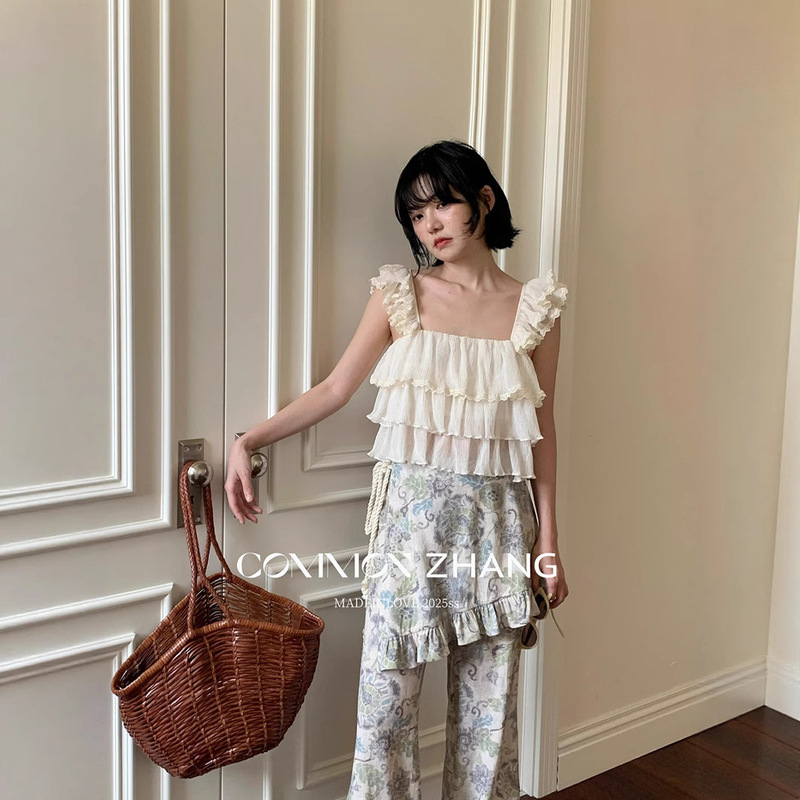 Cz Zhang Playful Age-Reducing Pleated Texture Slightly See-Through Shirt Square Collar Layered Flying Sleeve Top B23979