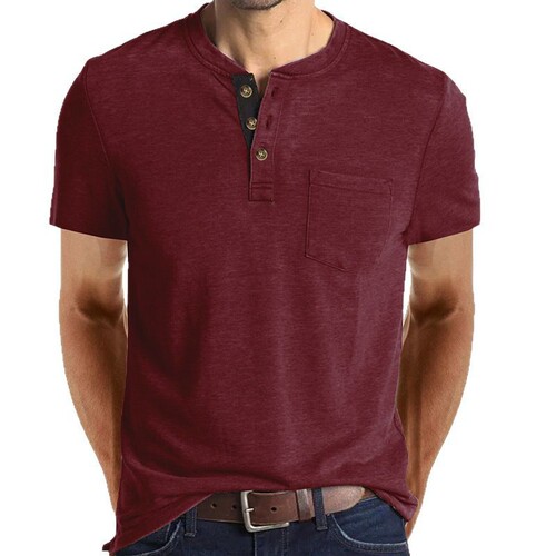 2025 Spring and Summer European and American Men's Short-Sleeve T-shirts, Import and Export Men's Henry T-shirt, Cross-border Clothing, Crew Neck Top