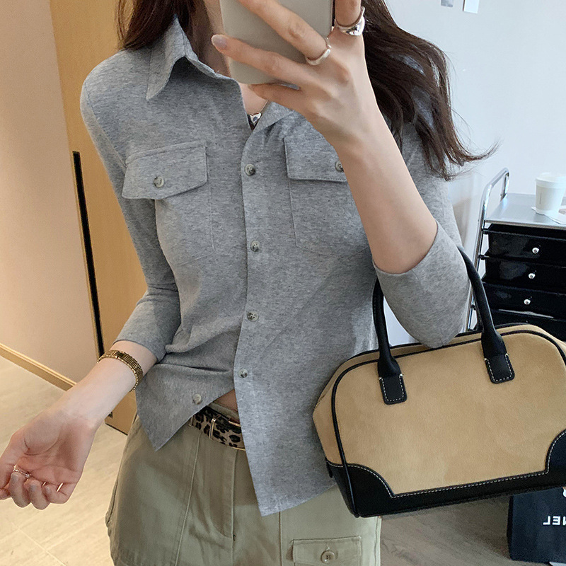 Hong Kong Style Wearing Pocket Snowflake Cotton Inner Stacked Shirt Women's Spring 2025 High-end Light Luxury Age-reducing Western Style Top