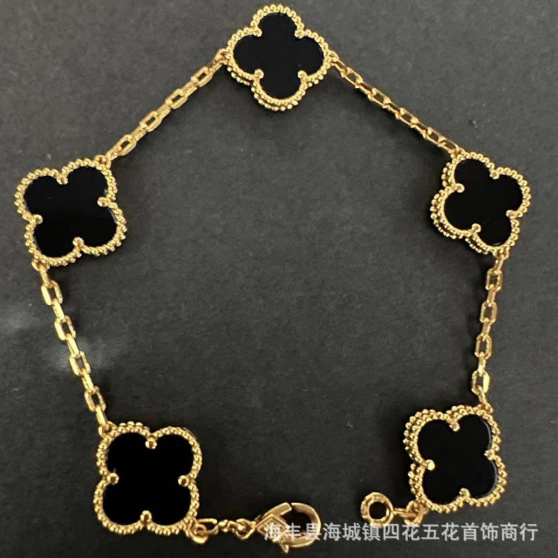 高版本V金四叶草手链女厚金镀18k金五花手链双面天然白贝母红玉髓|undefined
