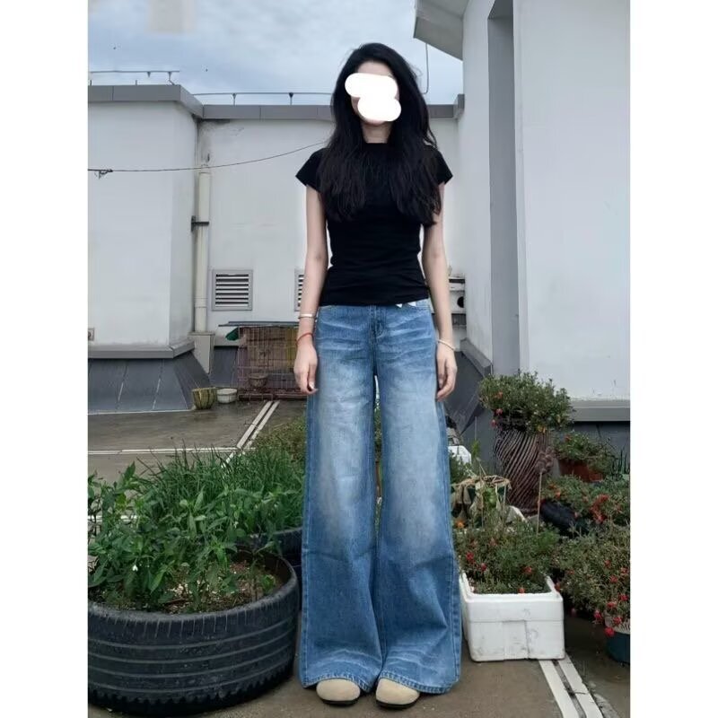 Blue High-Waisted Washed Wide-Leg Jeans for Women, New Autumn Style, Vintage Loose Fit, Slimming, Drapey, Floor-Length Pants