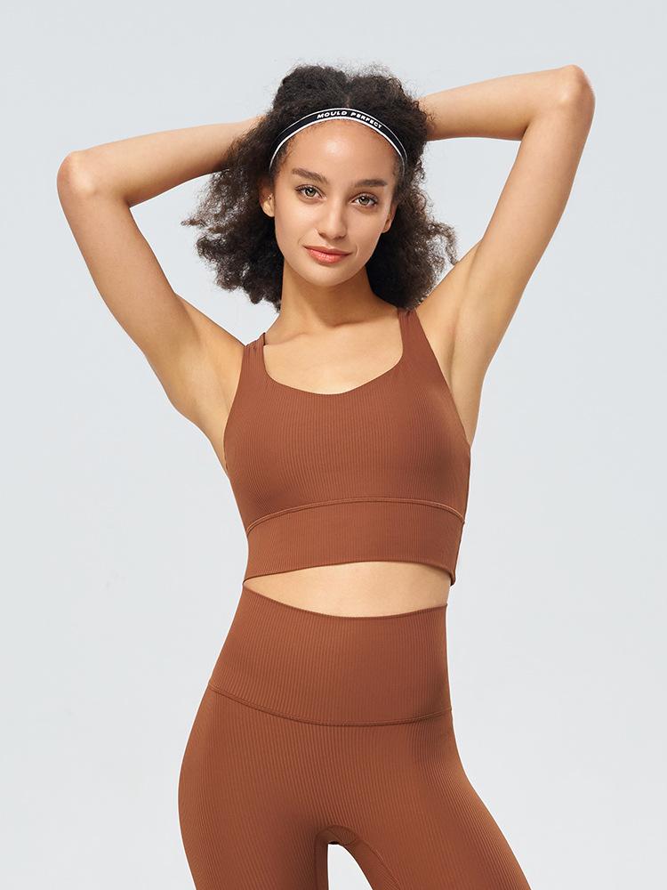 Ropa interior deportiva acanalada, taza fija para mujer, espalda hermosa cruzada de alta elasticidad, sujetador de yoga a prueba de golpes, chaleco de secado rápido de fitness